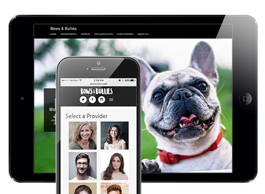 photo of iphone with example of Pet Grooming studio custom website and ipad with example of tattoo studio custom website